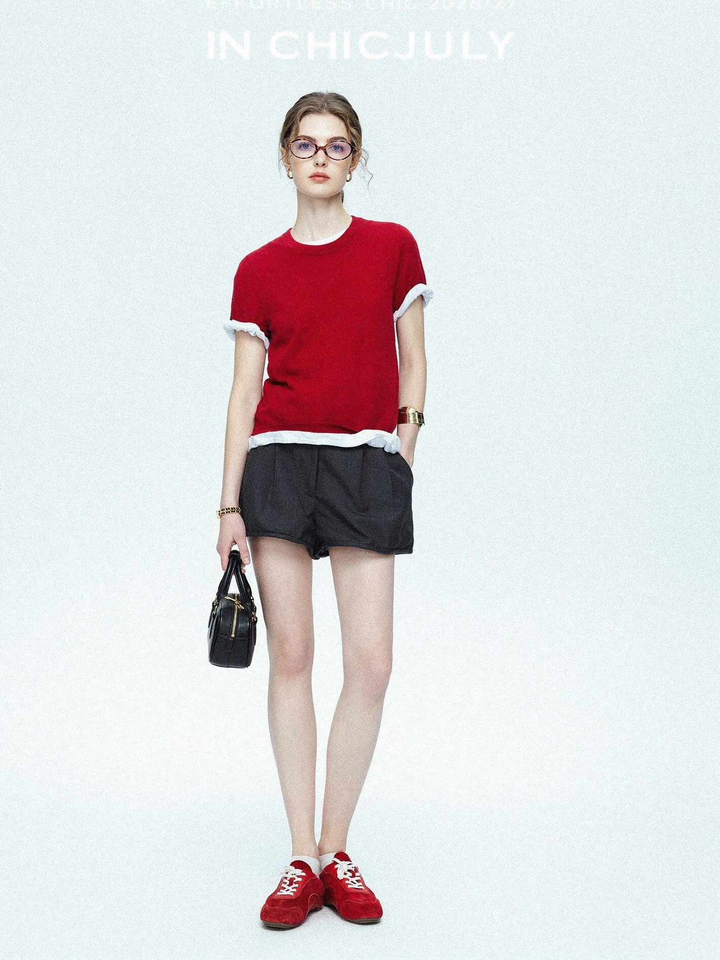 chicjuly Striped Herringbone Edge Tulip Hem High Waist Women's Fine Wool Short Trousers