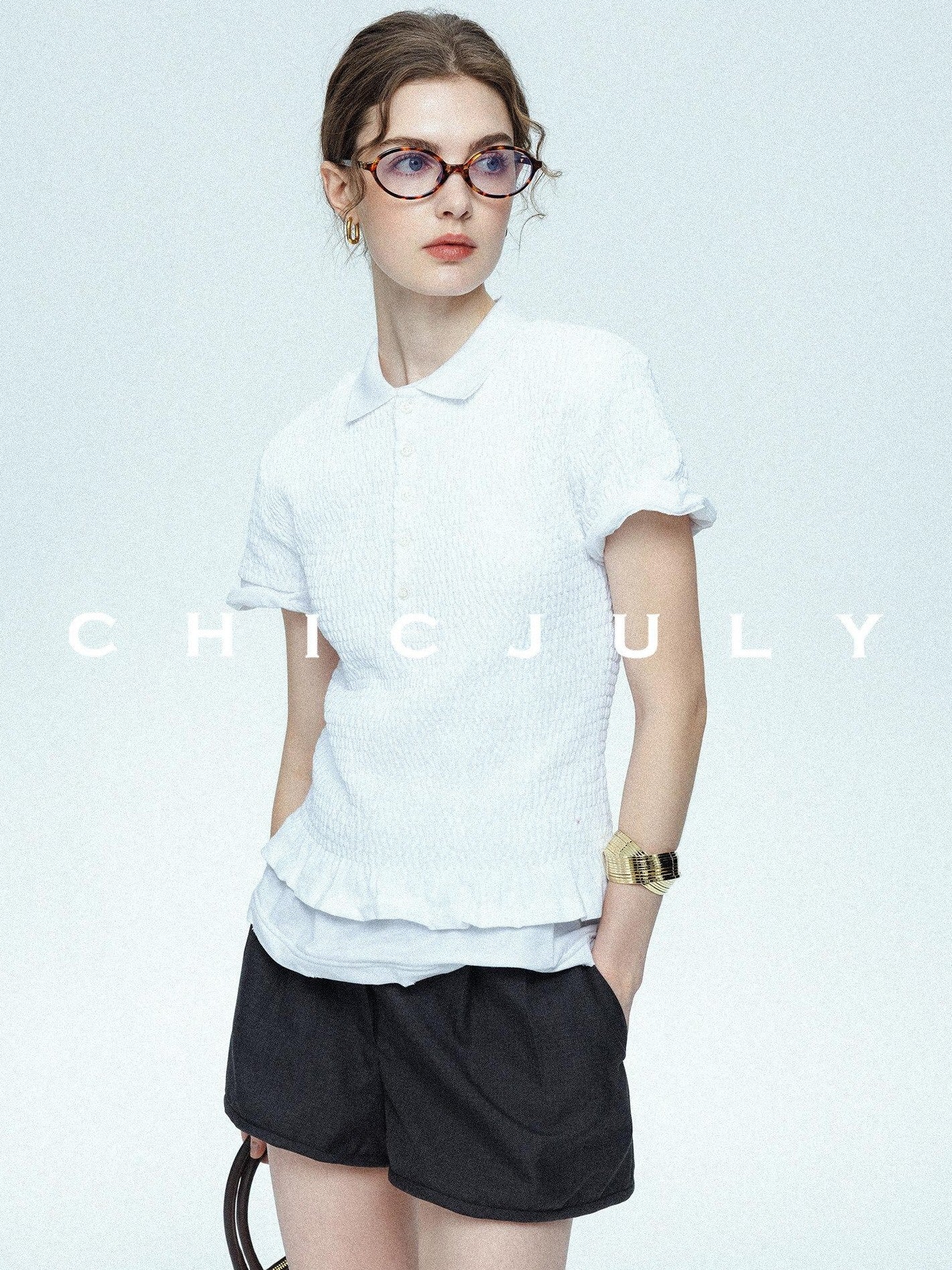 chicjuly Striped Herringbone Edge Tulip Hem High Waist Women's Fine Wool Short Trousers