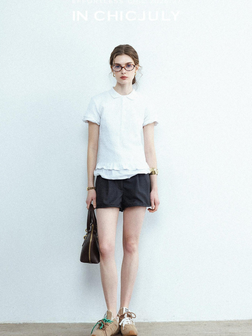 chicjuly Striped Herringbone Edge Tulip Hem High Waist Women's Fine Wool Short Trousers