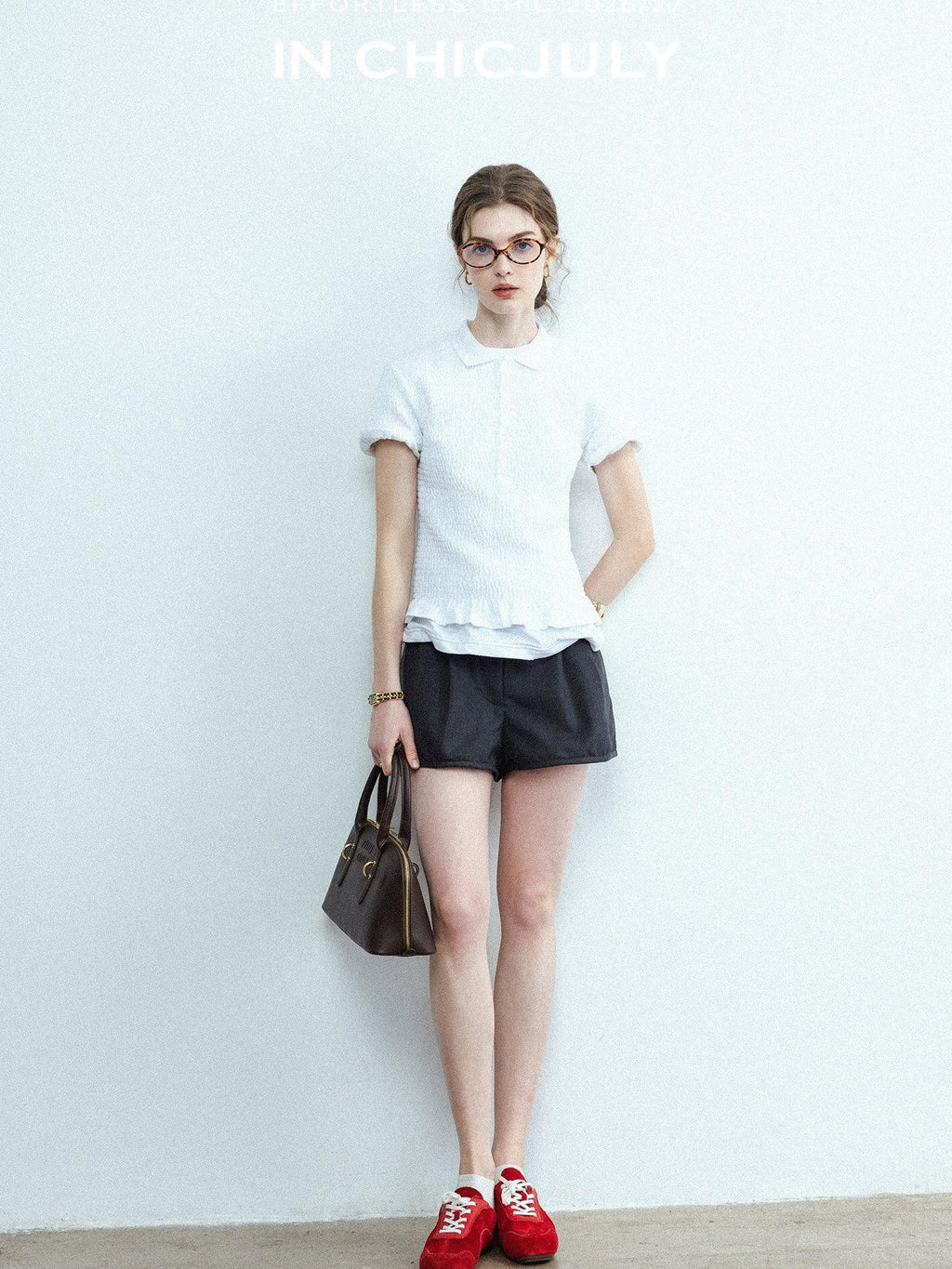 chicjuly Striped Herringbone Edge Tulip Hem High Waist Women's Fine Wool Short Trousers