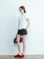 chicjuly Striped Herringbone Edge Tulip Hem High Waist Women's Fine Wool Short Trousers