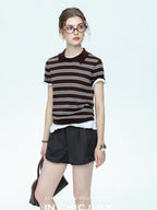 chicjuly Striped Herringbone Edge Tulip Hem High Waist Women's Fine Wool Short Trousers