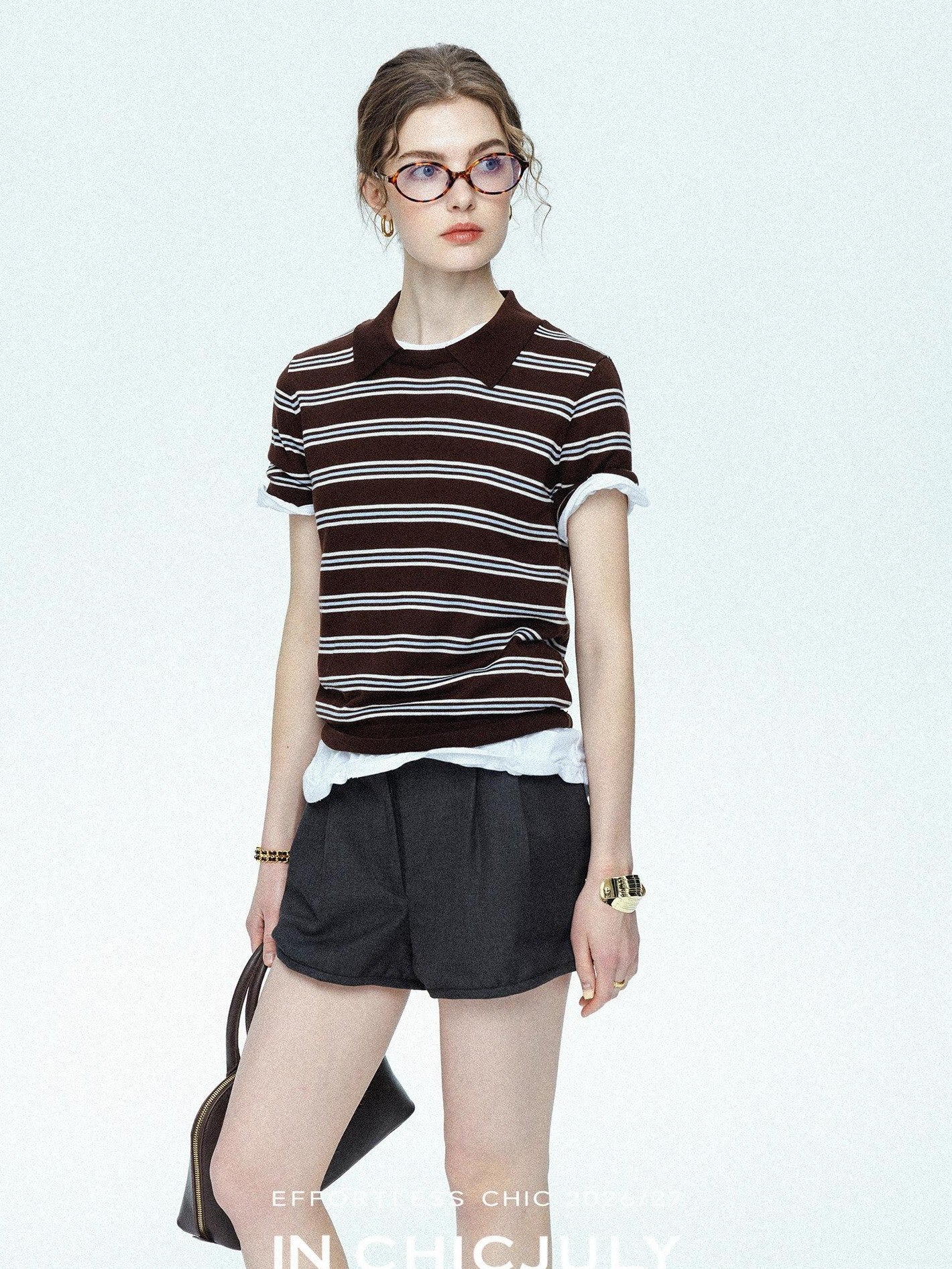 chicjuly Striped Herringbone Edge Tulip Hem High Waist Women's Fine Wool Short Trousers