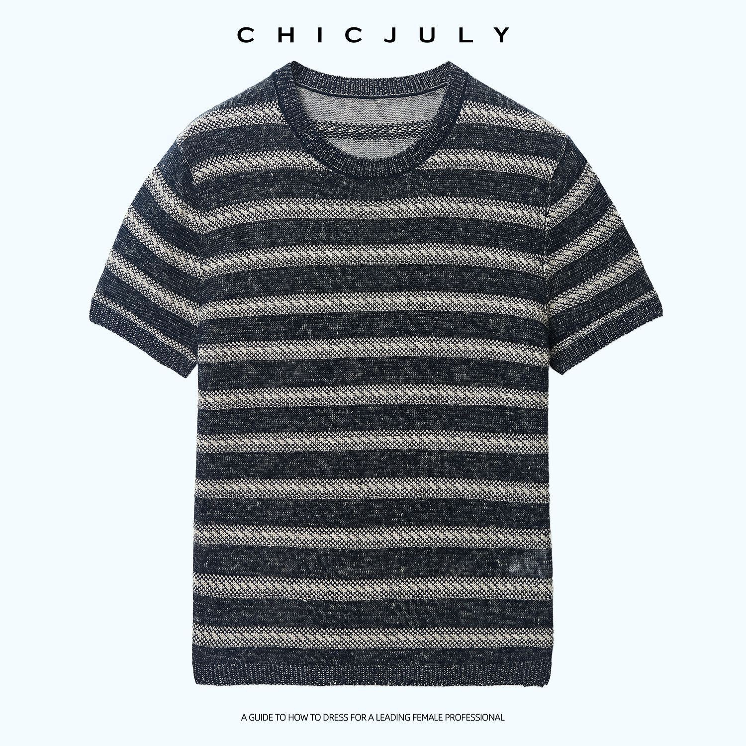 chicjuly Striped Round Neck Knit Straight Fit Women's Linen Short Sleeve T-shirts 1038383713873