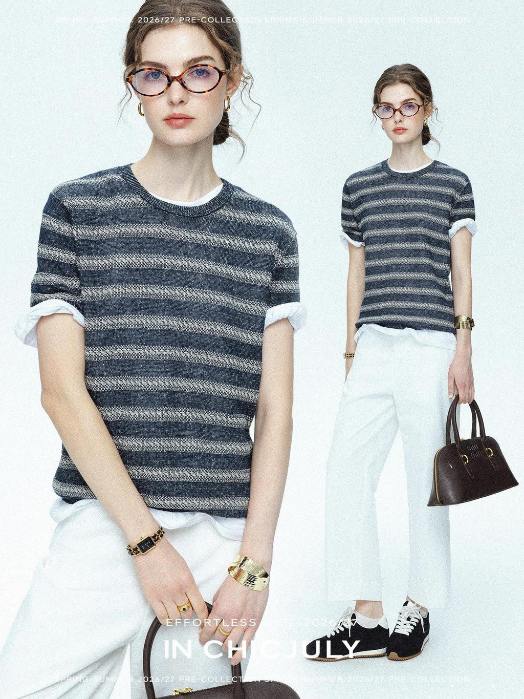 chicjuly Striped Round Neck Knit Straight Fit Women's Linen Short Sleeve T-shirts