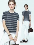 chicjuly Striped Round Neck Knit Straight Fit Women's Linen Short Sleeve T-shirts