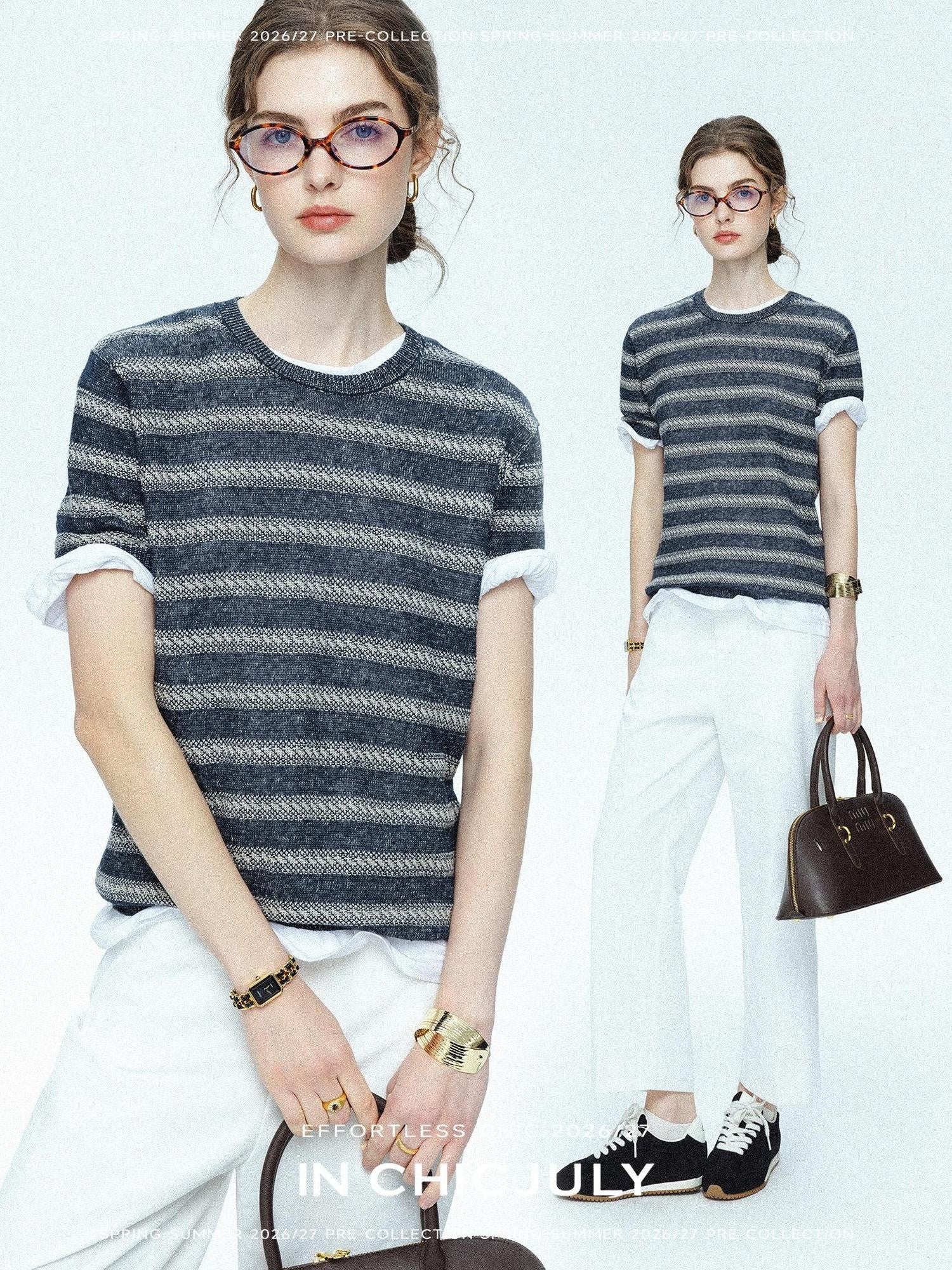 chicjuly Striped Round Neck Knit Straight Fit Women's Linen Short Sleeve T-shirts