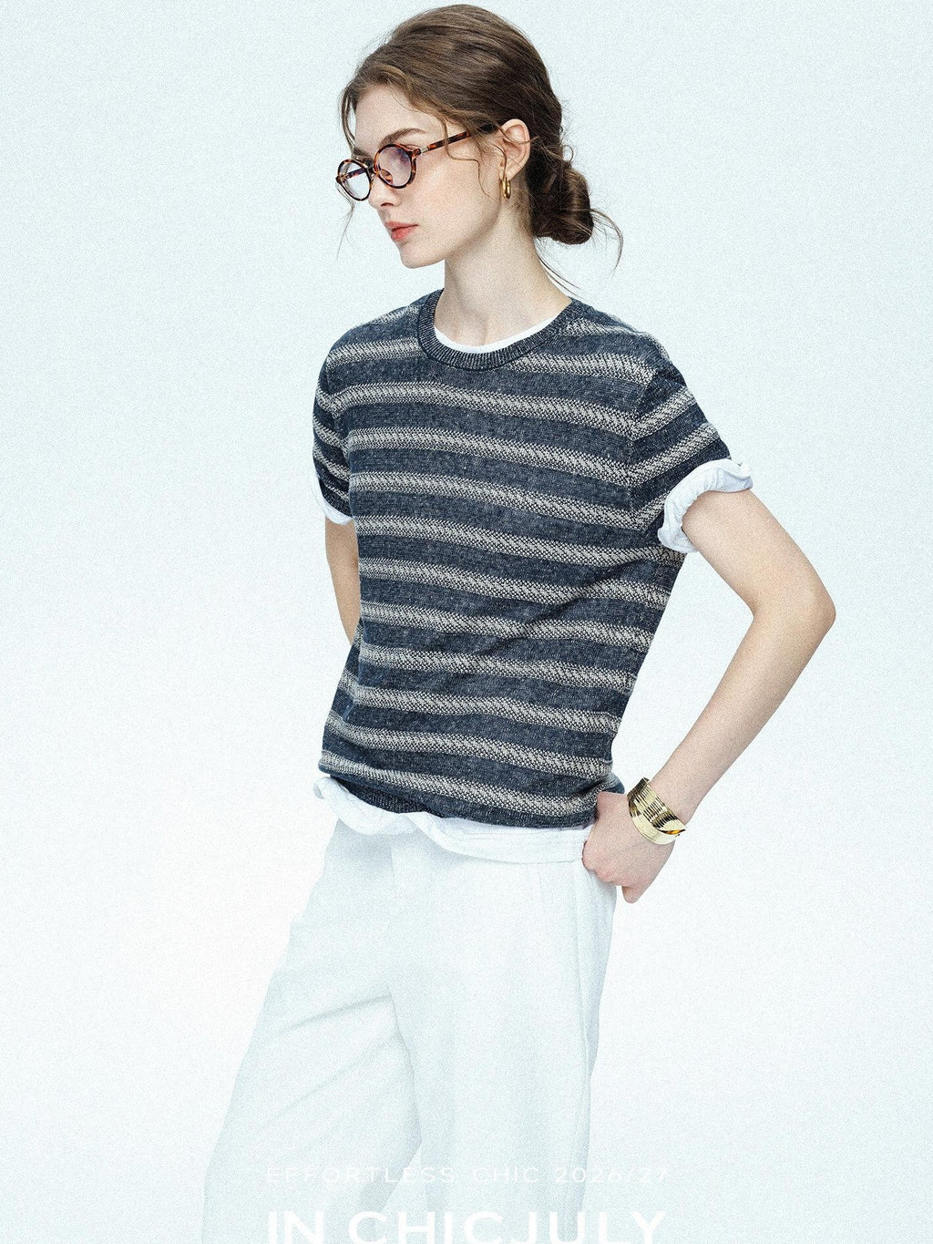 chicjuly Striped Round Neck Knit Straight Fit Women's Linen Short Sleeve T-shirts
