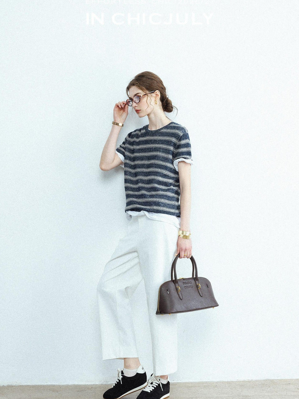 chicjuly Striped Round Neck Knit Straight Fit Women's Linen Short Sleeve T-shirts