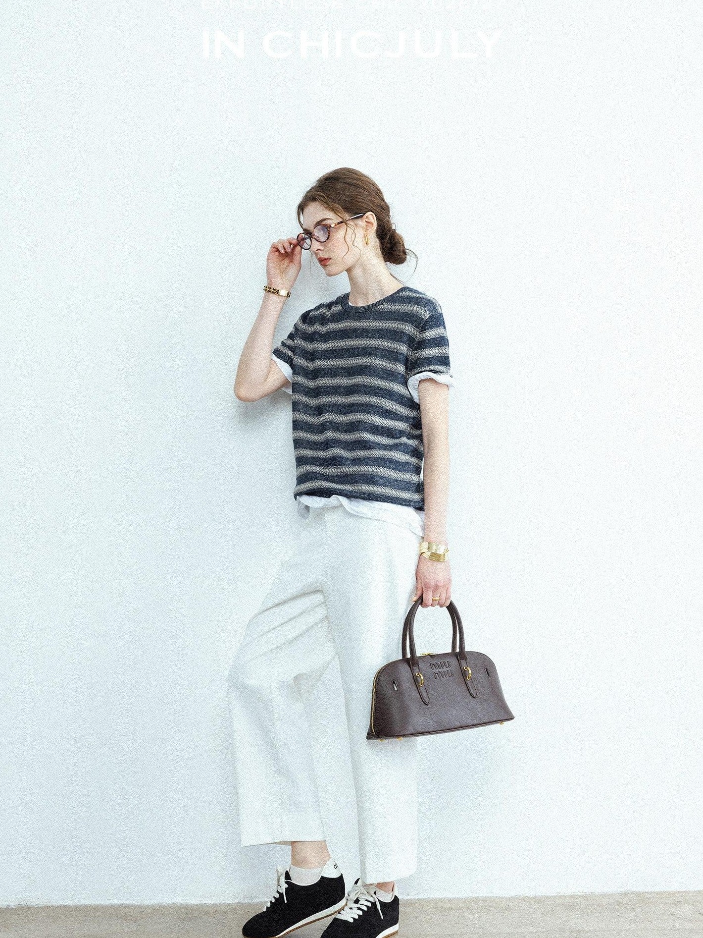 chicjuly Striped Round Neck Knit Straight Fit Women's Linen Short Sleeve T-shirts