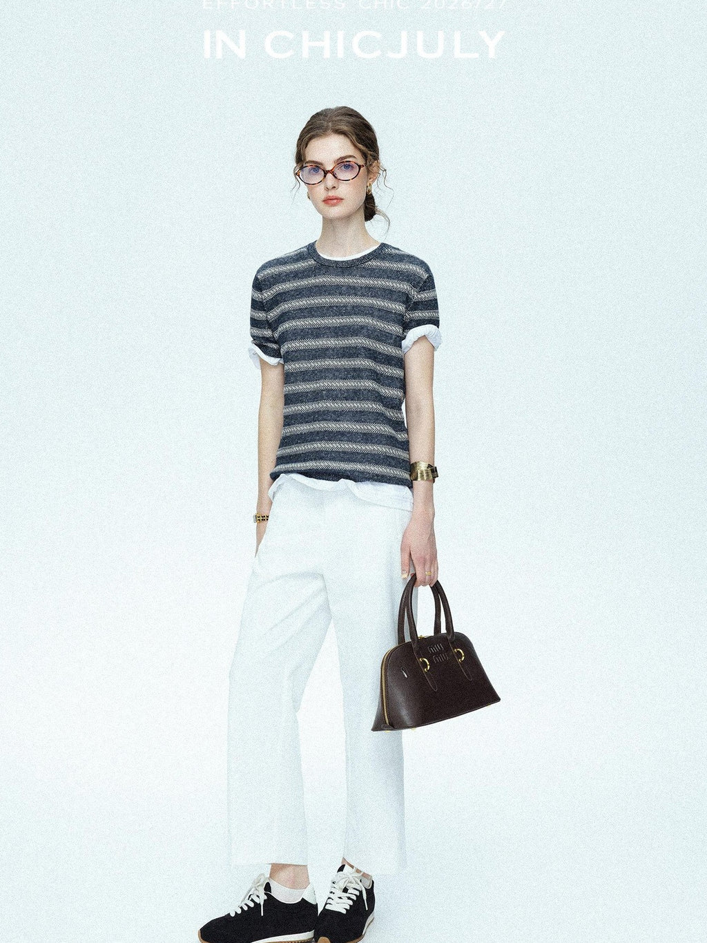chicjuly Striped Round Neck Knit Straight Fit Women's Linen Short Sleeve T-shirts