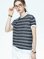 chicjuly Striped Round Neck Knit Straight Fit Women's Linen Short Sleeve T-shirts