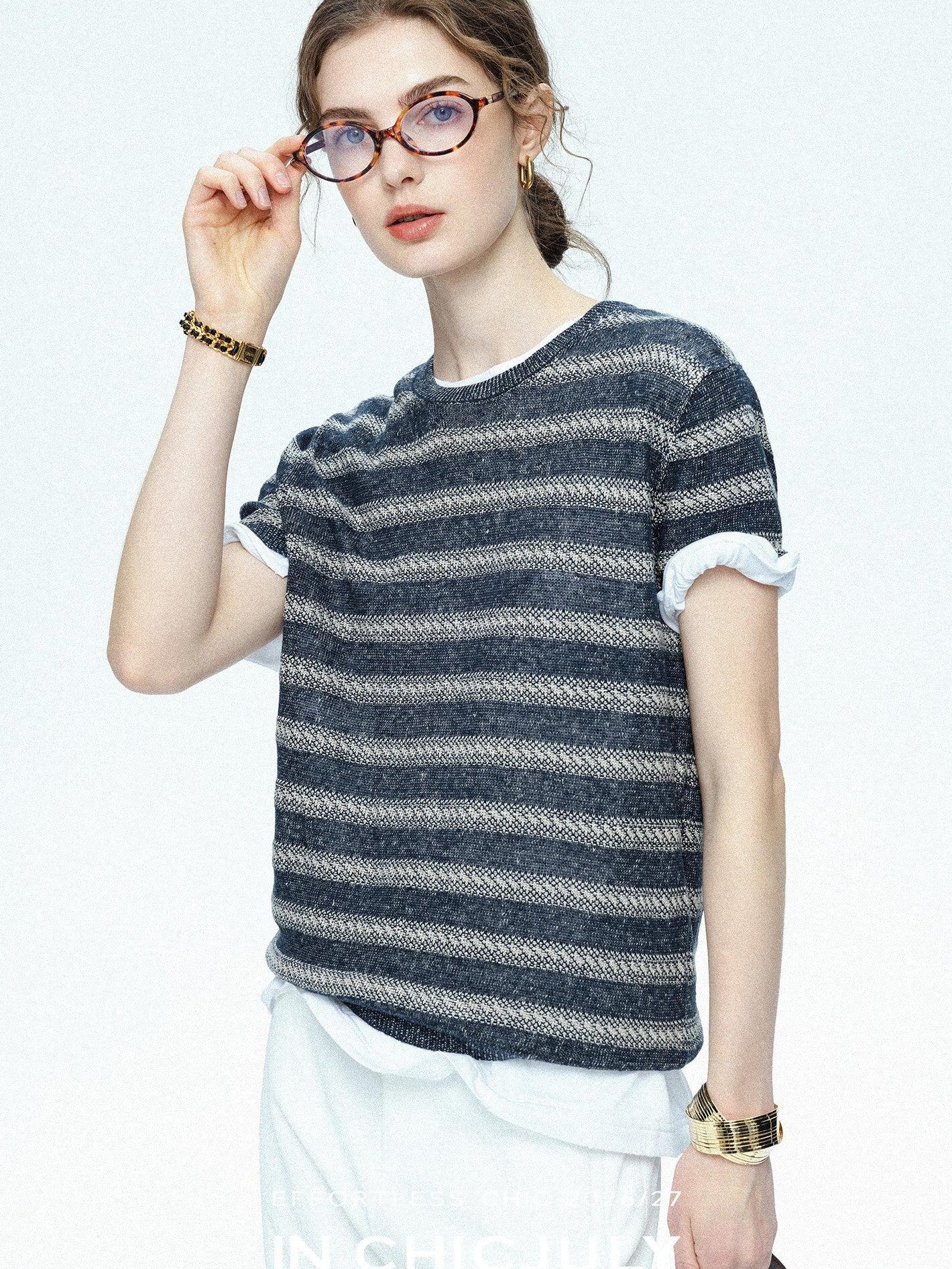chicjuly Striped Round Neck Knit Straight Fit Women's Linen Short Sleeve T-shirts