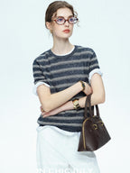 chicjuly Striped Round Neck Knit Straight Fit Women's Linen Short Sleeve T-shirts