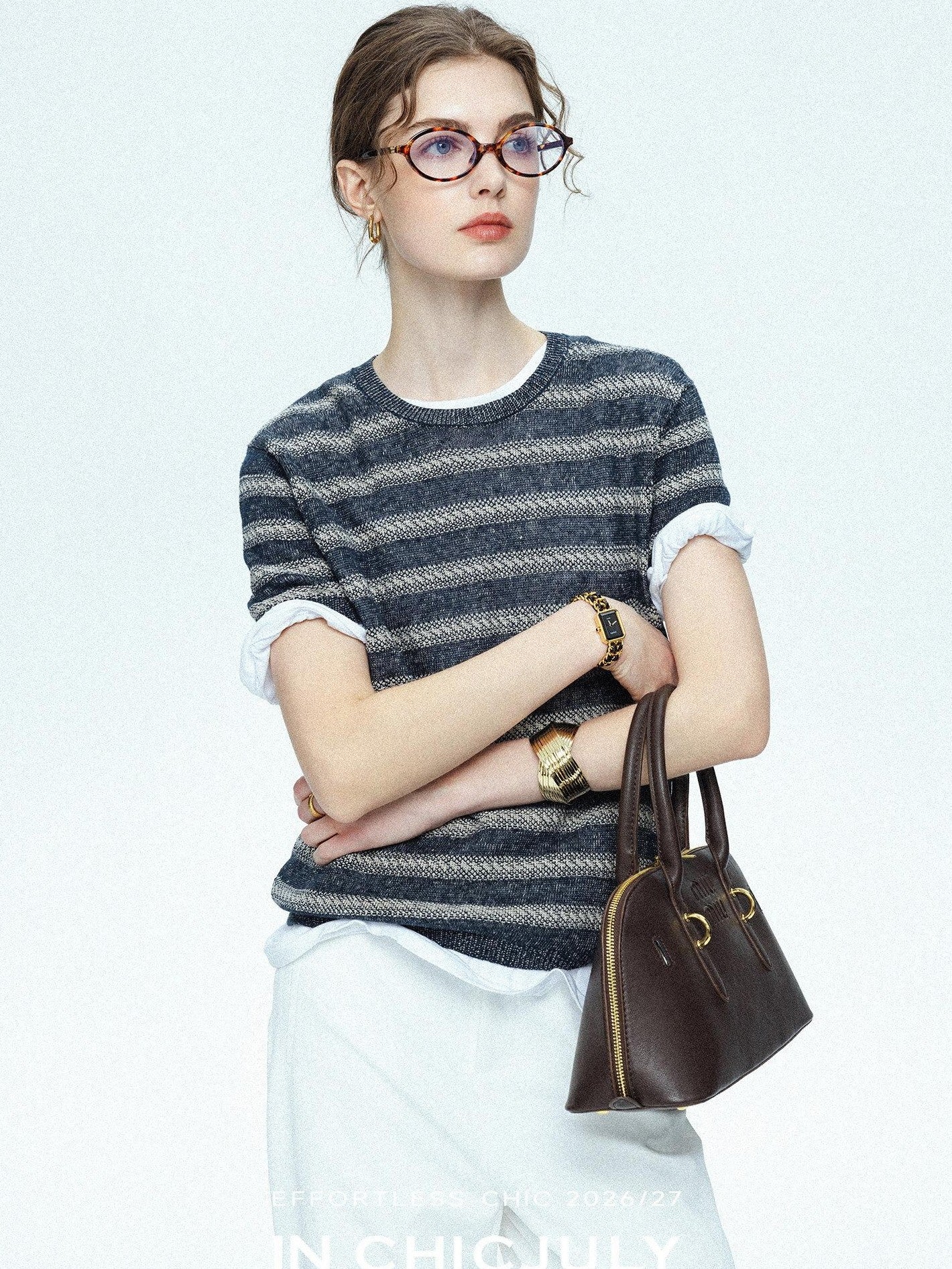 chicjuly Striped Round Neck Knit Straight Fit Women's Linen Short Sleeve T-shirts