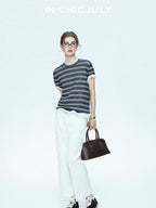 chicjuly Striped Round Neck Knit Straight Fit Women's Linen Short Sleeve T-shirts