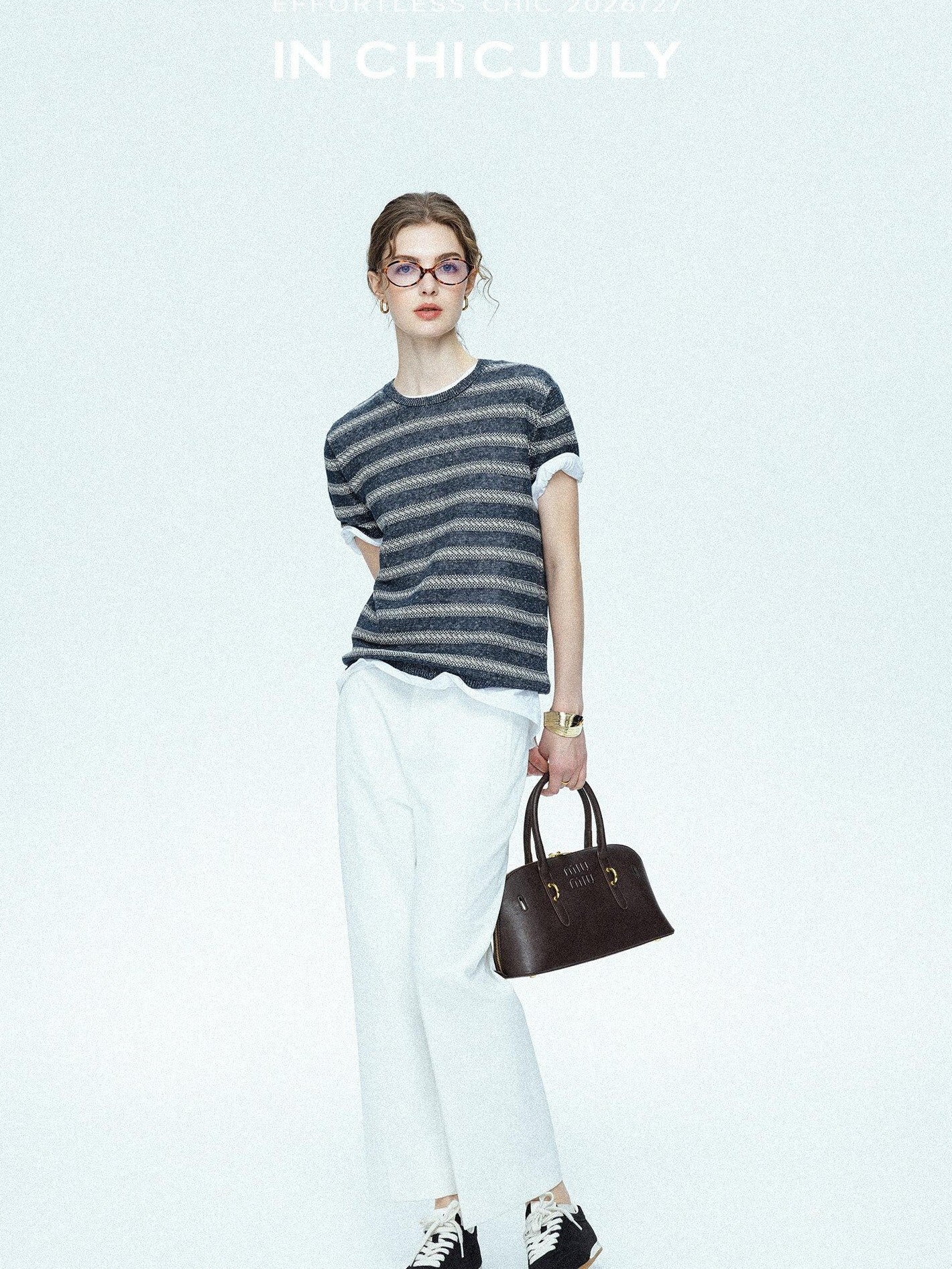 chicjuly Striped Round Neck Knit Straight Fit Women's Linen Short Sleeve T-shirts