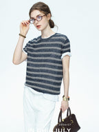 chicjuly Striped Round Neck Knit Straight Fit Women's Linen Short Sleeve T-shirts