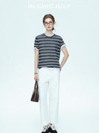 chicjuly Striped Round Neck Knit Straight Fit Women's Linen Short Sleeve T-shirts