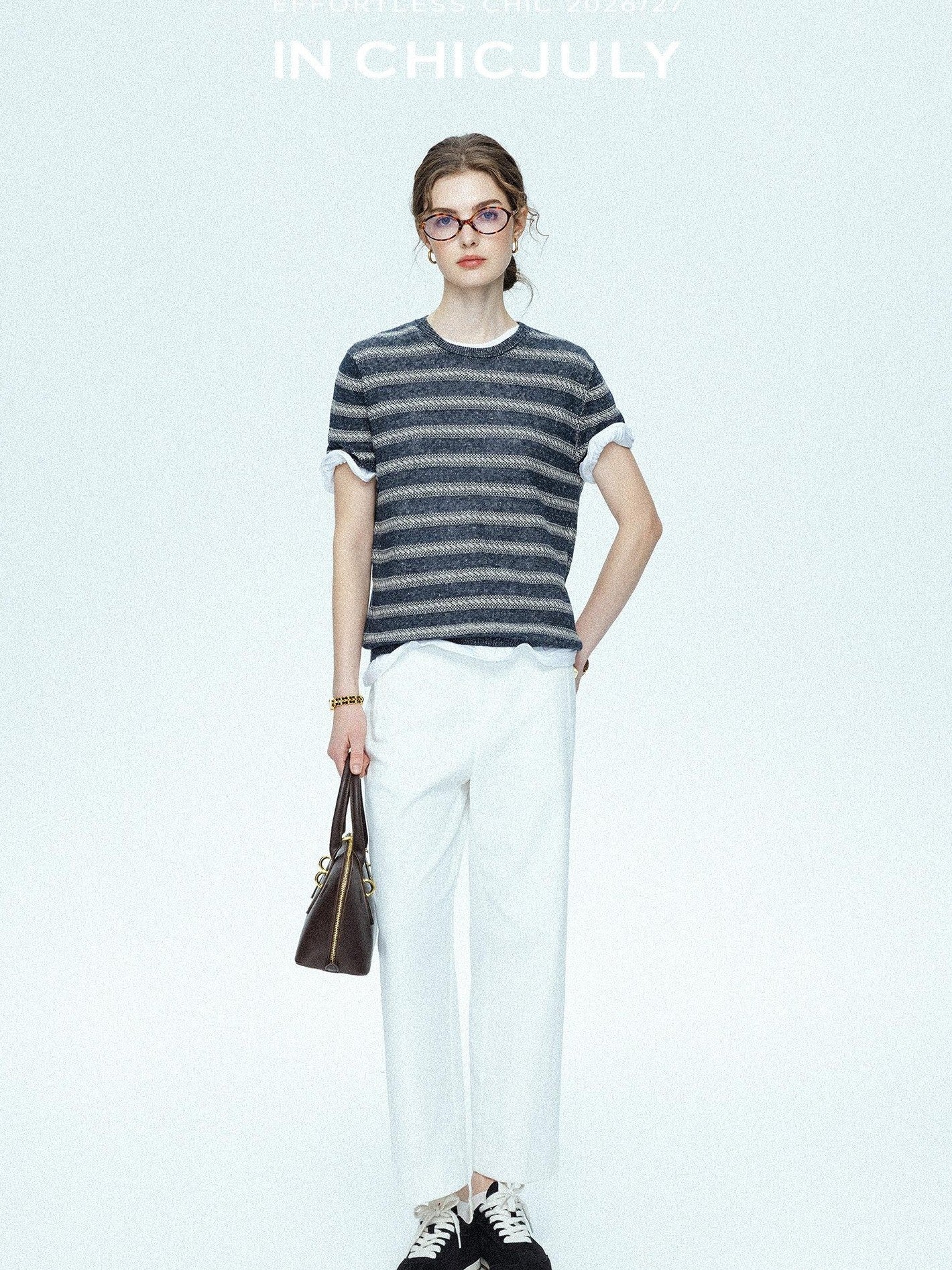 chicjuly Striped Round Neck Knit Straight Fit Women's Linen Short Sleeve T-shirts