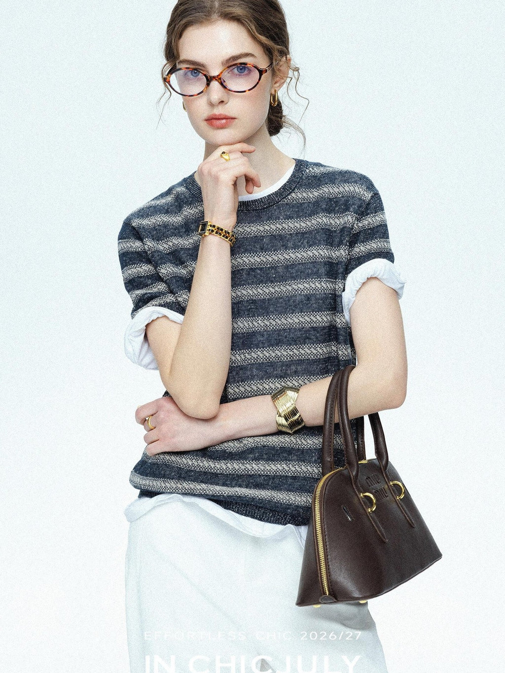 chicjuly Striped Round Neck Knit Straight Fit Women's Linen Short Sleeve T-shirts