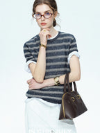 chicjuly Striped Round Neck Knit Straight Fit Women's Linen Short Sleeve T-shirts