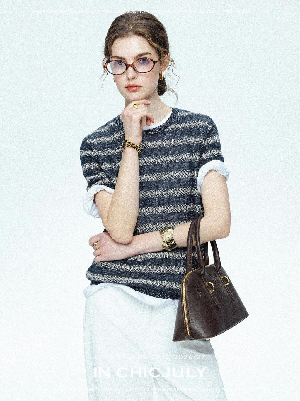 chicjuly Striped Round Neck Knit Straight Fit Women's Linen Short Sleeve T-shirts