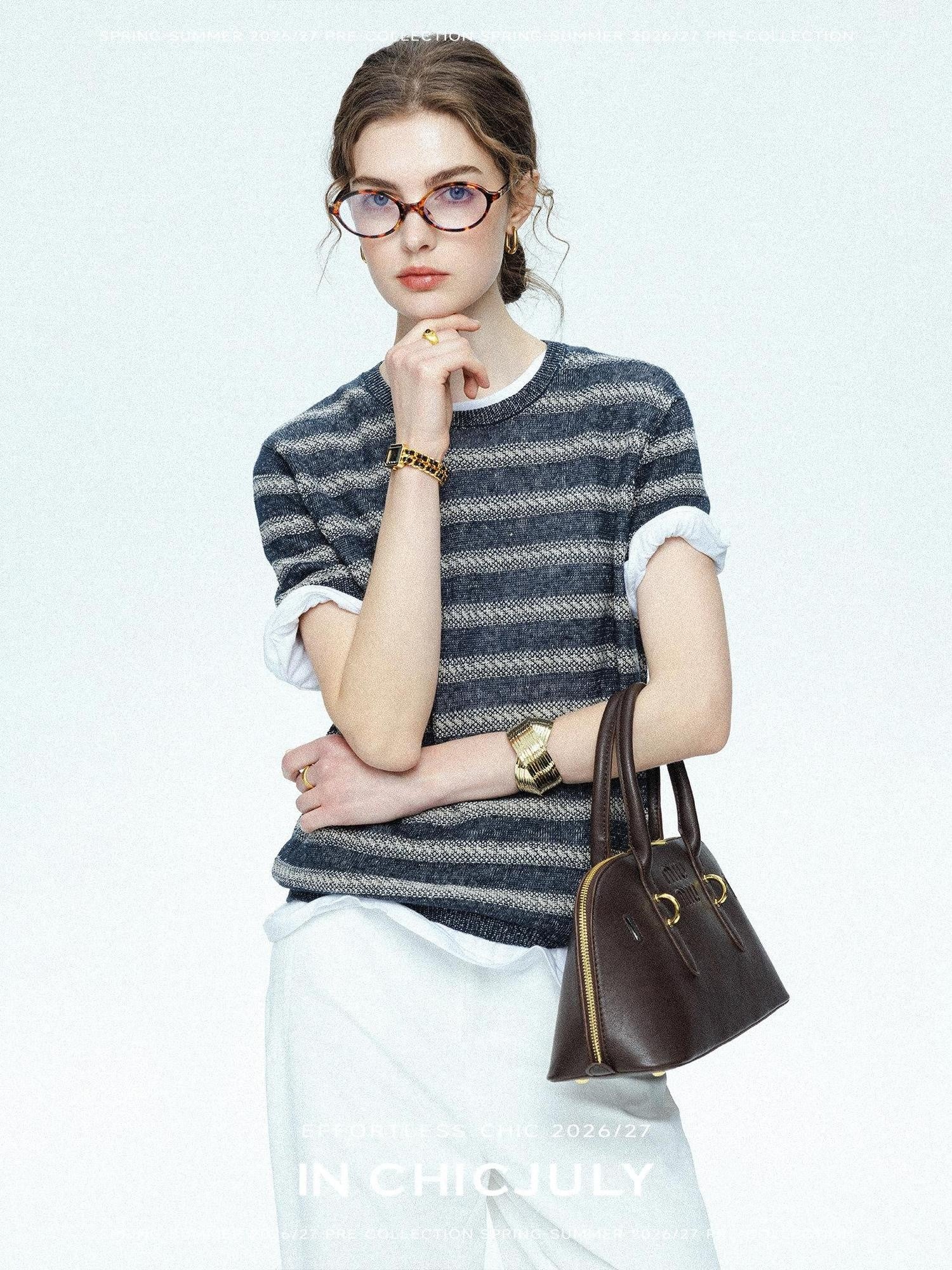 chicjuly Striped Round Neck Knit Straight Fit Women's Linen Short Sleeve T-shirts