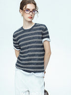 chicjuly Striped Round Neck Knit Straight Fit Women's Linen Short Sleeve T-shirts