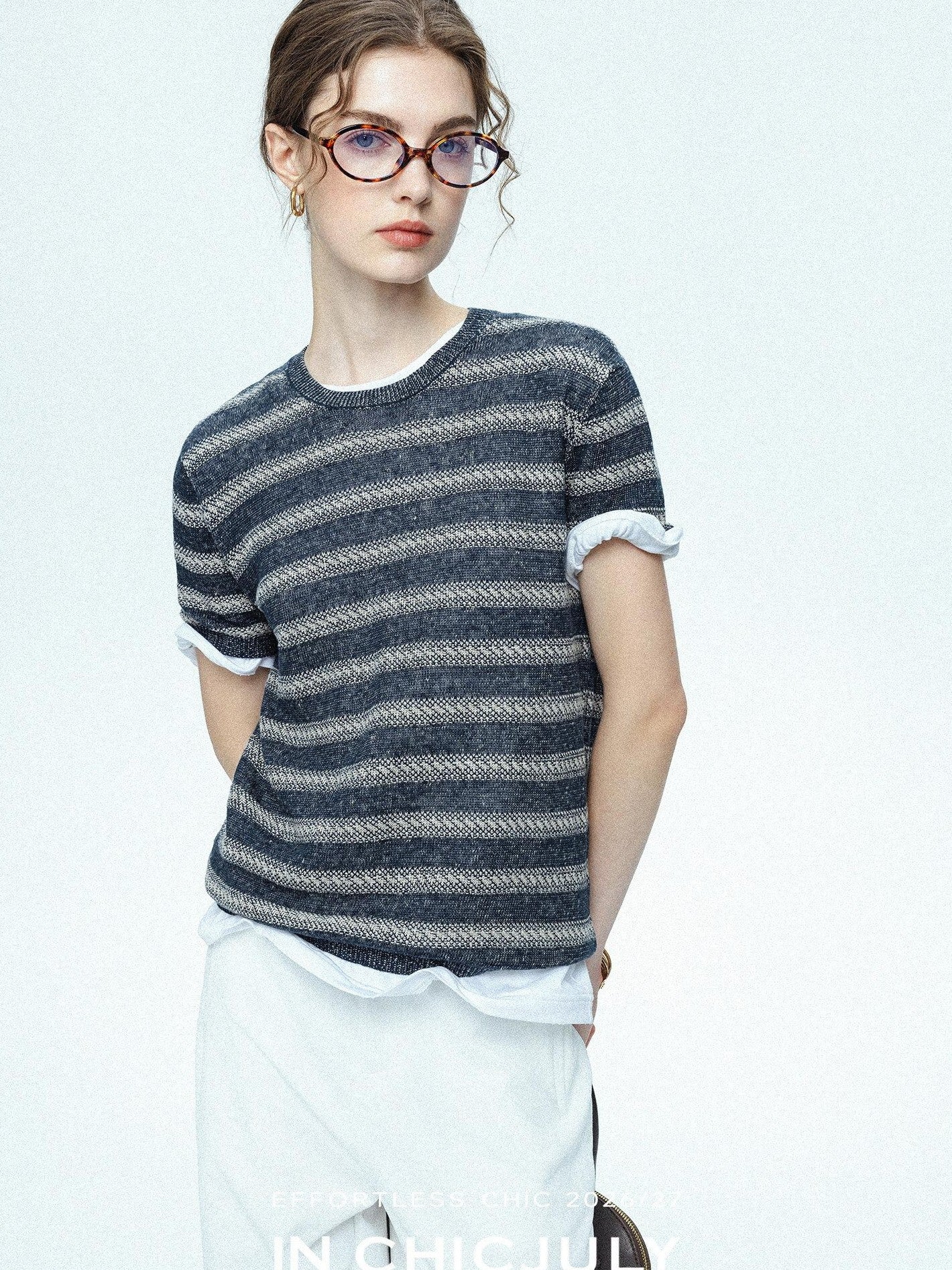 chicjuly Striped Round Neck Knit Straight Fit Women's Linen Short Sleeve T-shirts