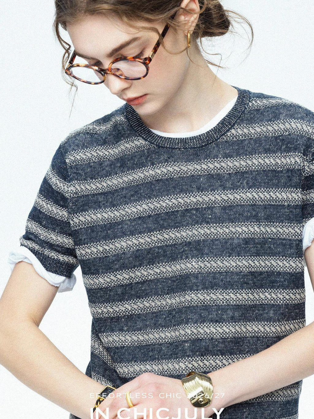 chicjuly Striped Round Neck Knit Straight Fit Women's Linen Short Sleeve T-shirts