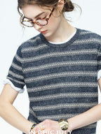 chicjuly Striped Round Neck Knit Straight Fit Women's Linen Short Sleeve T-shirts
