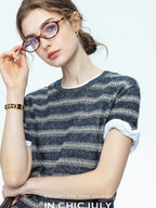 chicjuly Striped Round Neck Knit Straight Fit Women's Linen Short Sleeve T-shirts