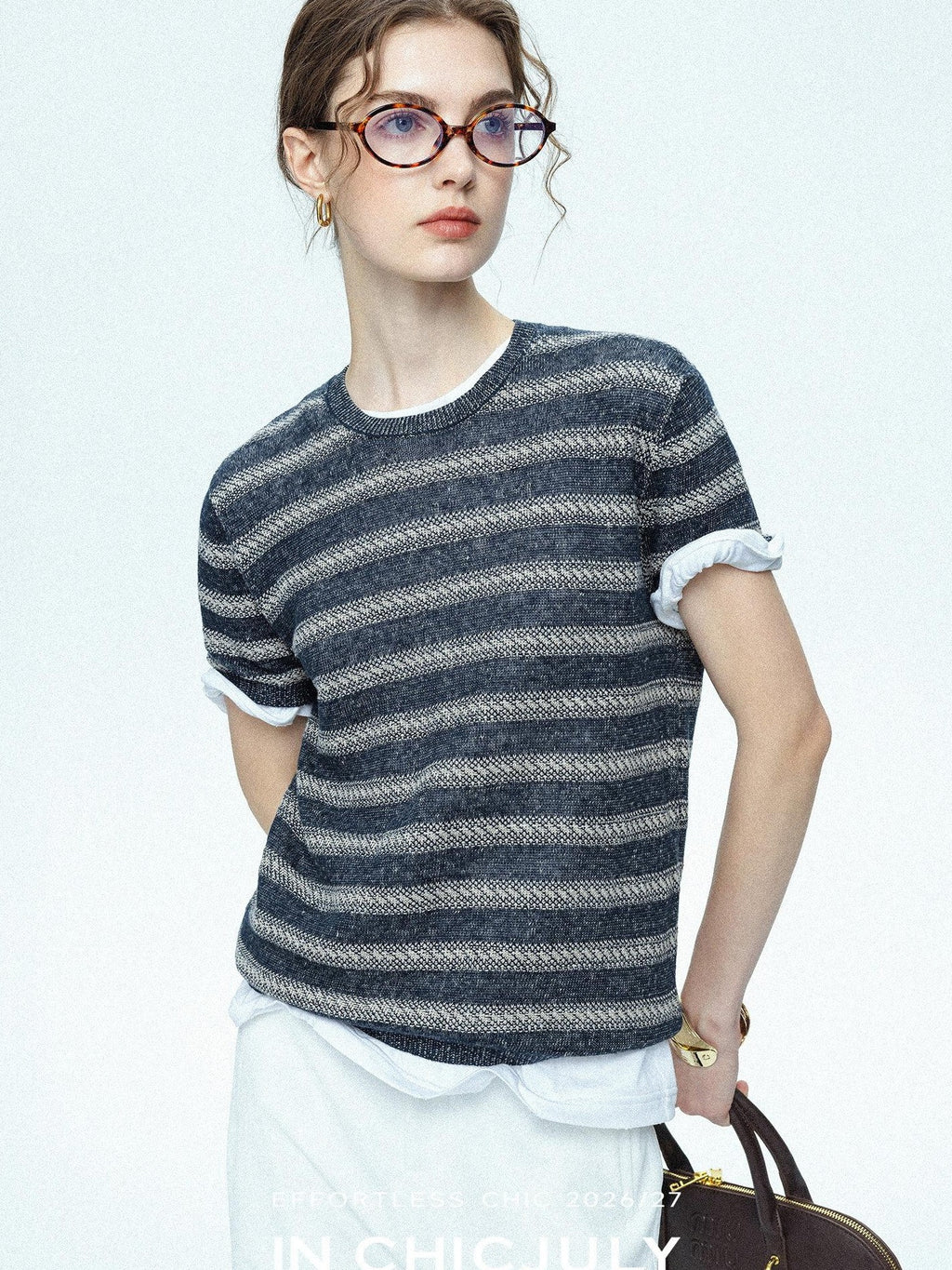 chicjuly Striped Round Neck Knit Straight Fit Women's Linen Short Sleeve T-shirts
