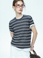 chicjuly Striped Round Neck Knit Straight Fit Women's Linen Short Sleeve T-shirts