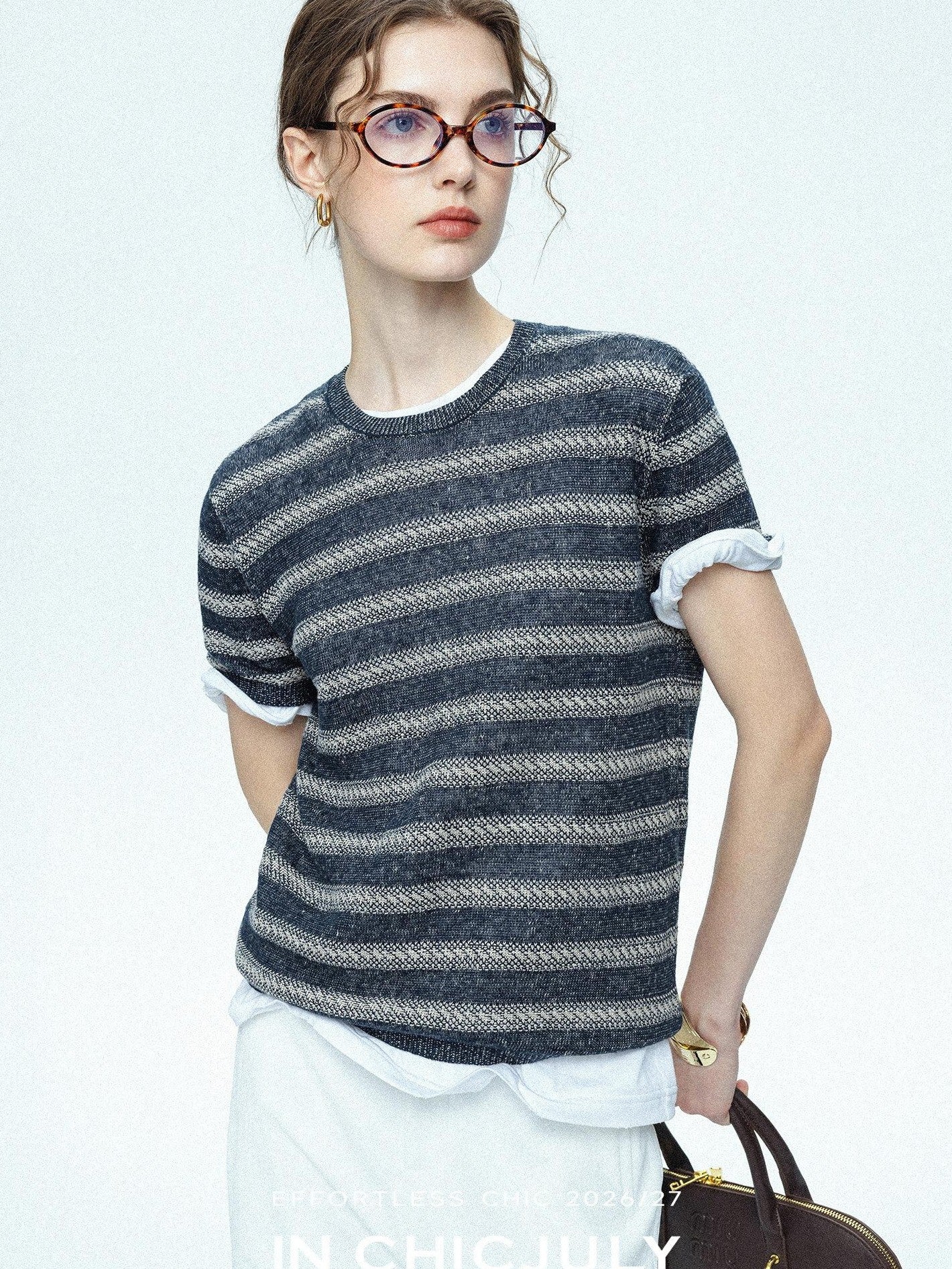 chicjuly Striped Round Neck Knit Straight Fit Women's Linen Short Sleeve T-shirts