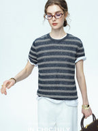 chicjuly Striped Round Neck Knit Straight Fit Women's Linen Short Sleeve T-shirts