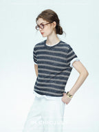 chicjuly Striped Round Neck Knit Straight Fit Women's Linen Short Sleeve T-shirts