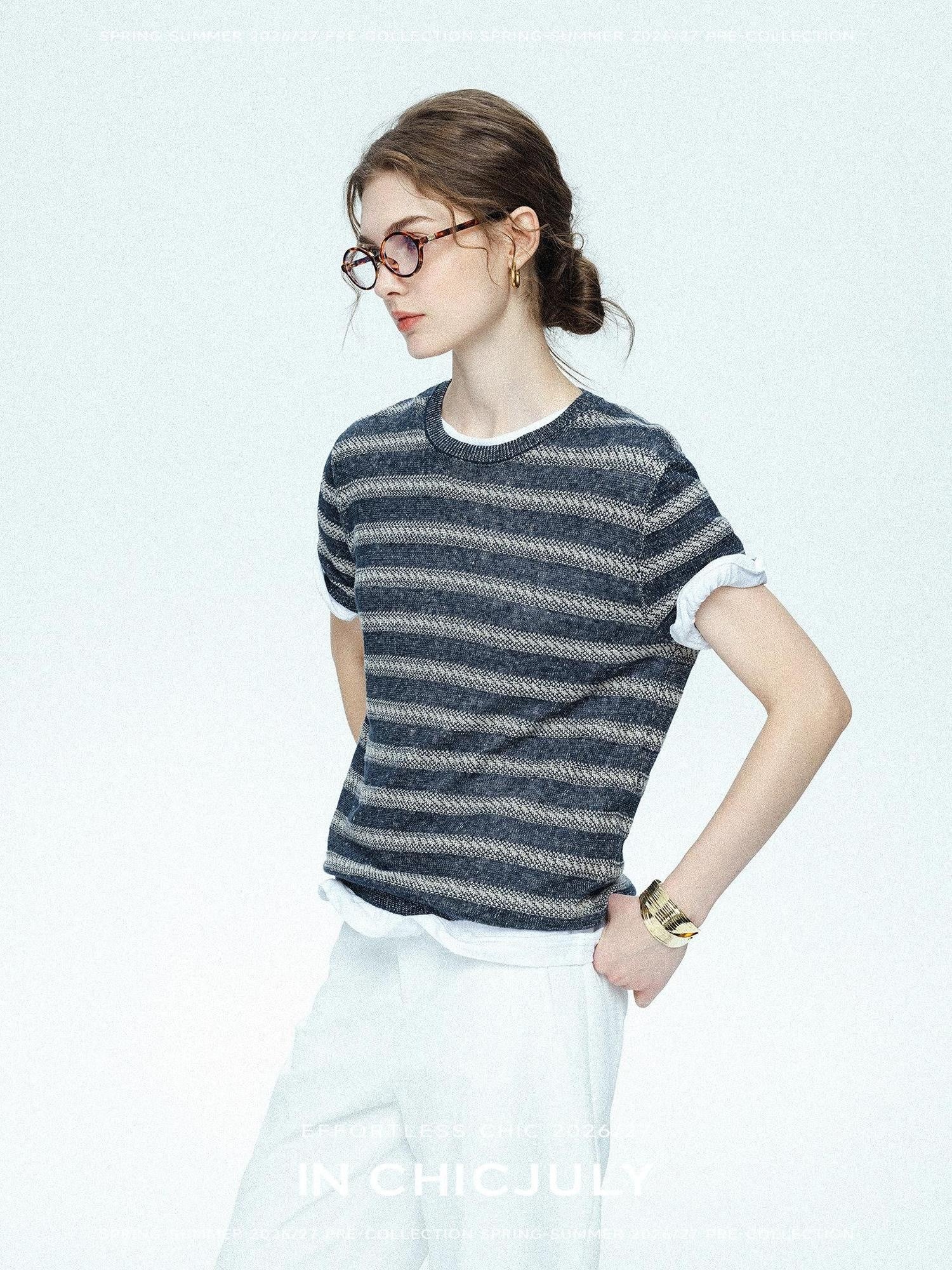 chicjuly Striped Round Neck Knit Straight Fit Women's Linen Short Sleeve T-shirts