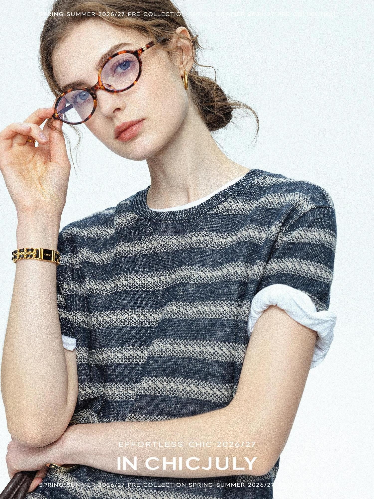 chicjuly Striped Round Neck Knit Straight Fit Women's Linen Short Sleeve T-shirts