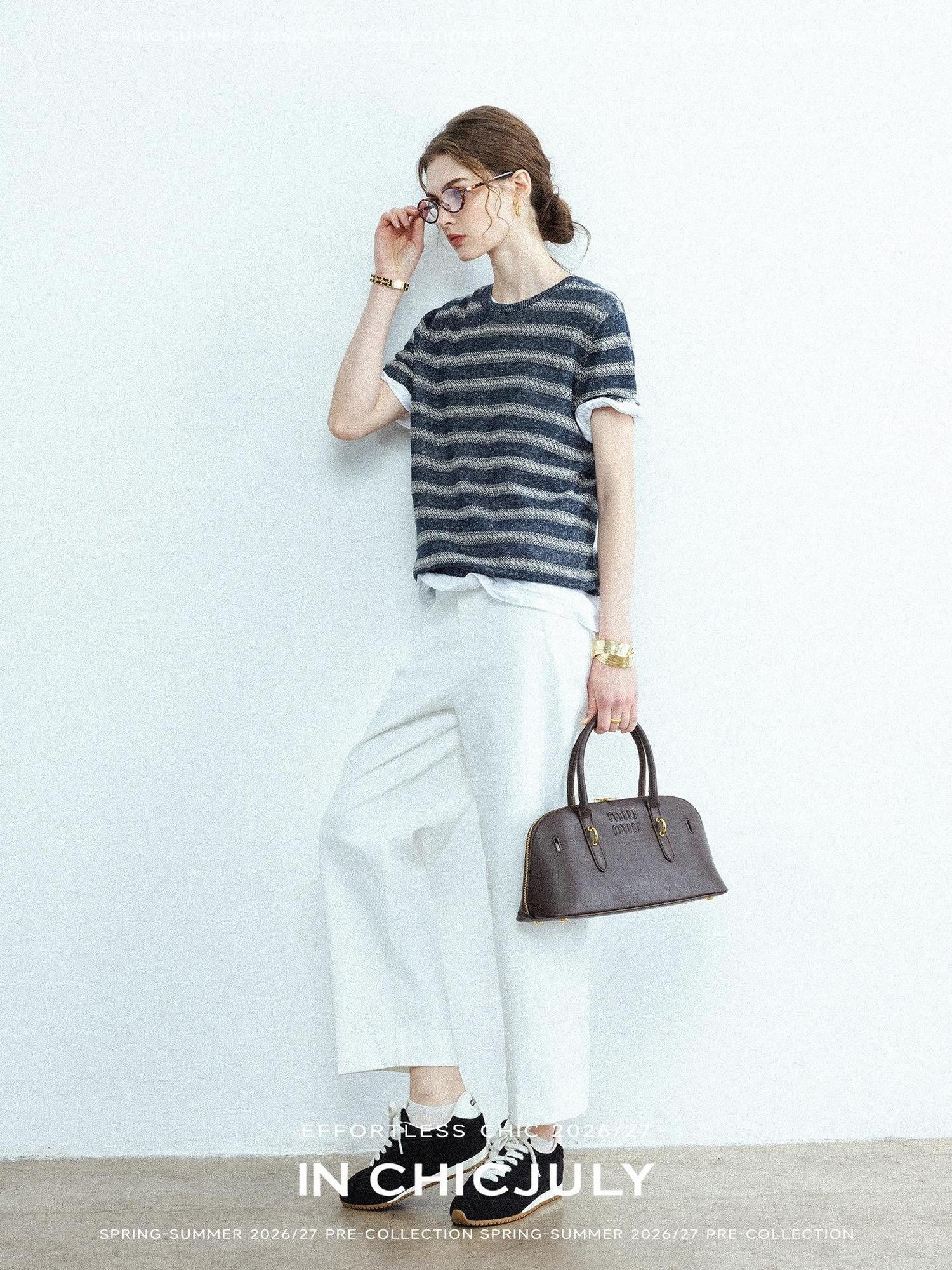 chicjuly Striped Round Neck Knit Straight Fit Women's Linen Short Sleeve T-shirts