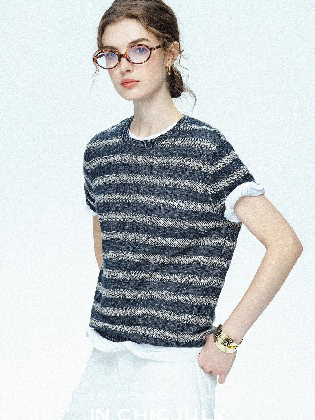 chicjuly Striped Round Neck Knit Straight Fit Women's Linen Short Sleeve T-shirts