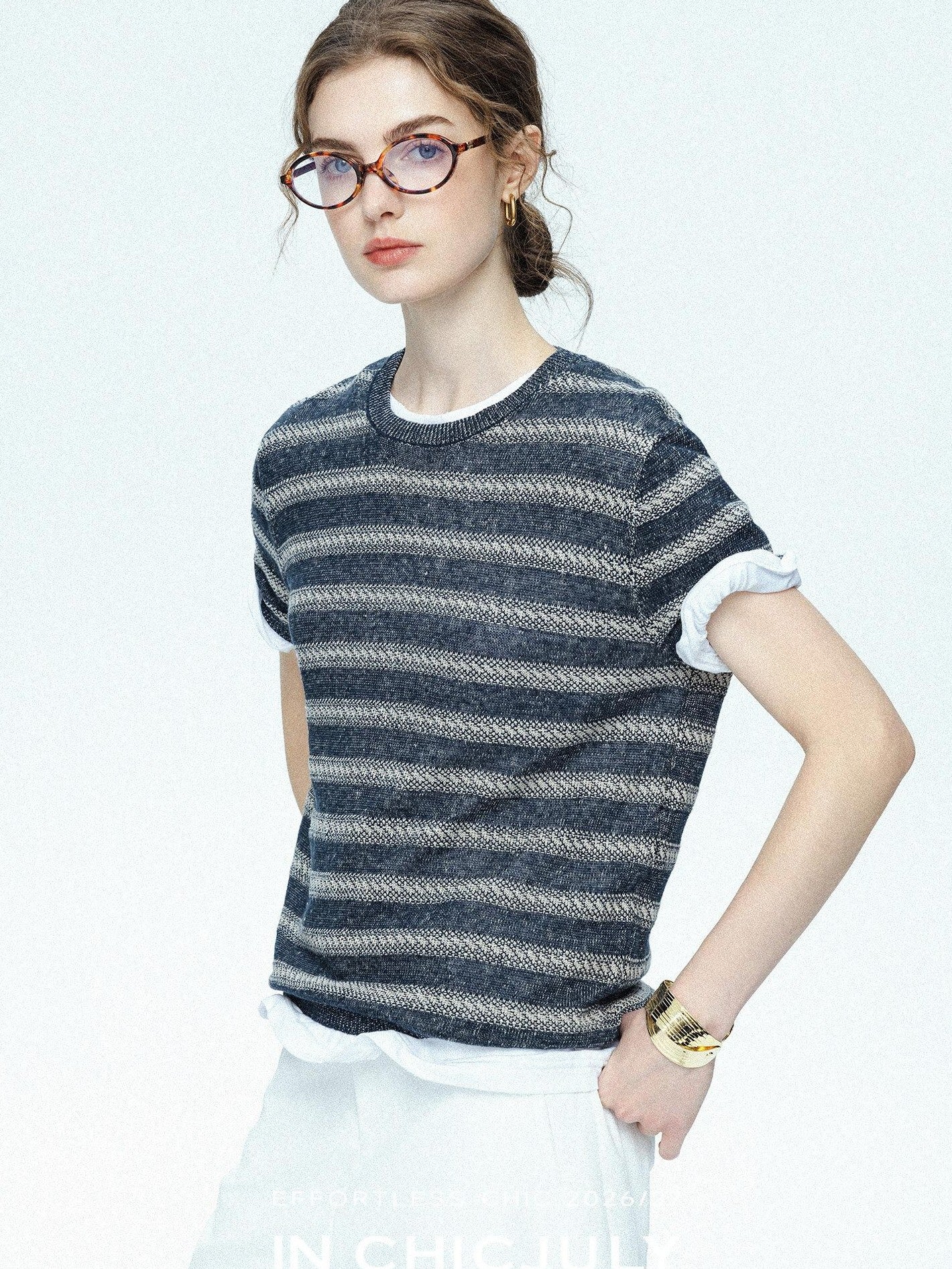 chicjuly Striped Round Neck Knit Straight Fit Women's Linen Short Sleeve T-shirts