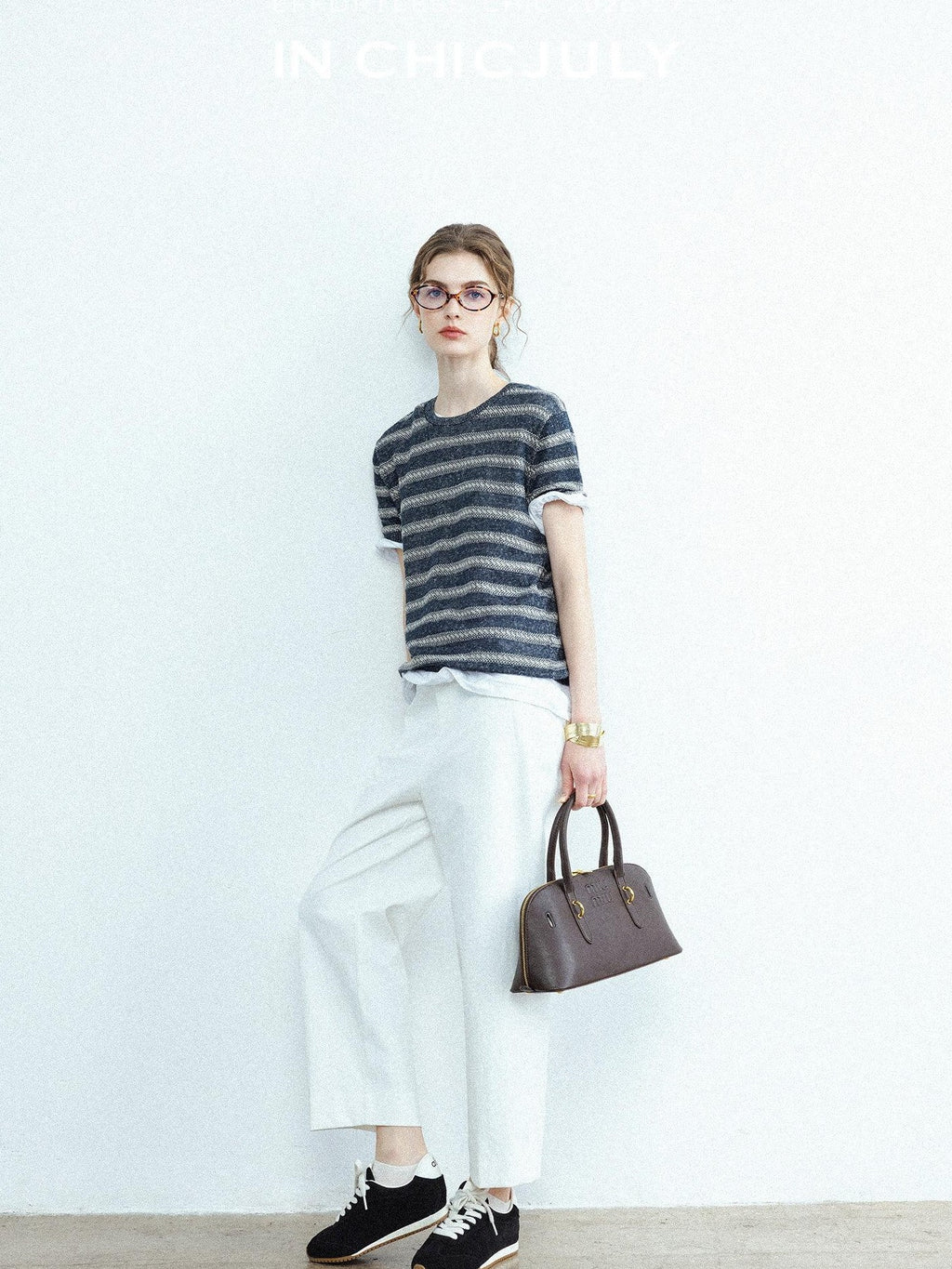 chicjuly Striped Round Neck Knit Straight Fit Women's Linen Short Sleeve T-shirts