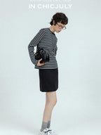 chicjuly Subtle Striped Textured High Waist A Line Women's Wool Acetate Mini Skirts