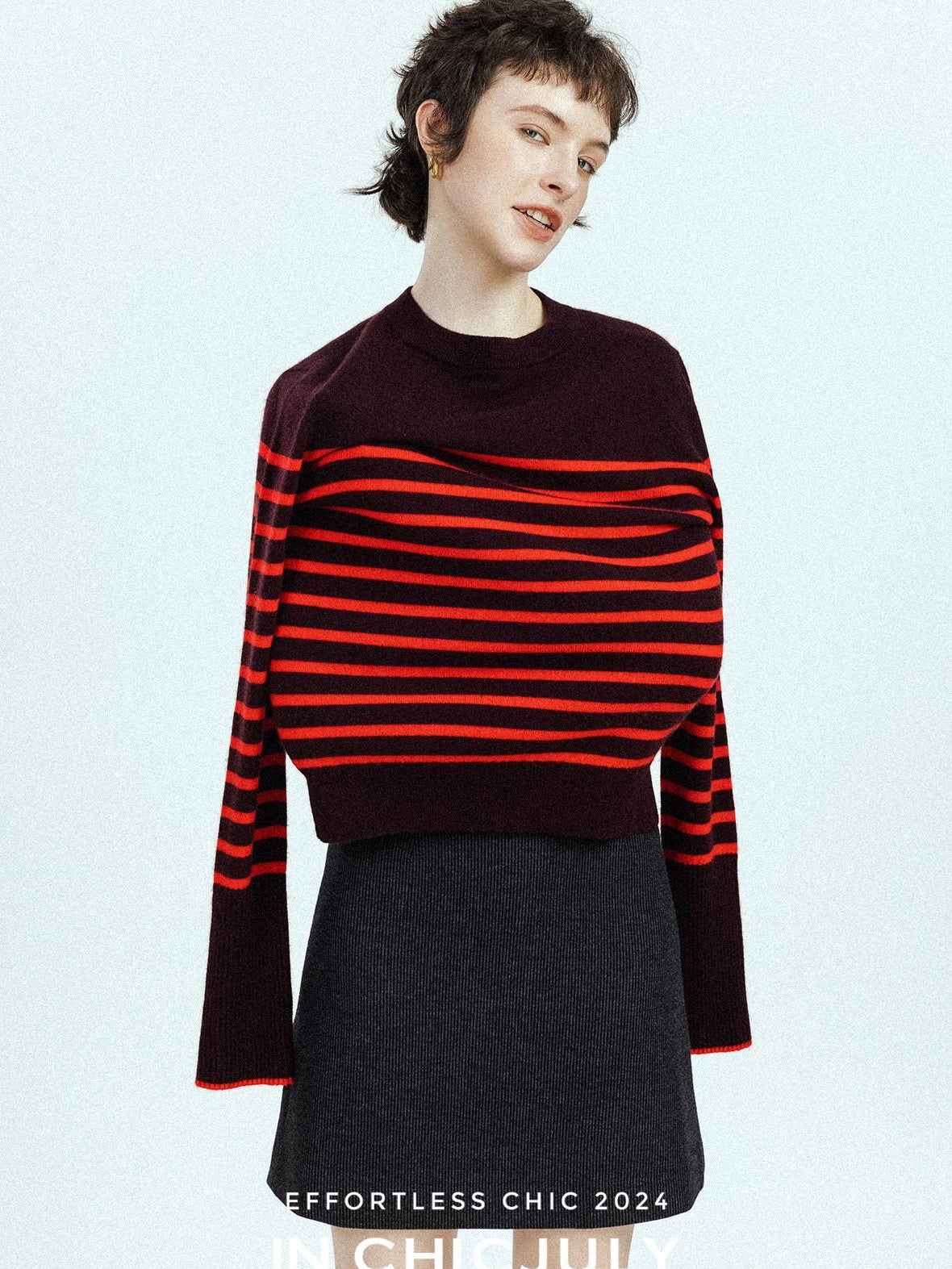 chicjuly Subtle Striped Textured High Waist A Line Women's Wool Acetate Mini Skirts