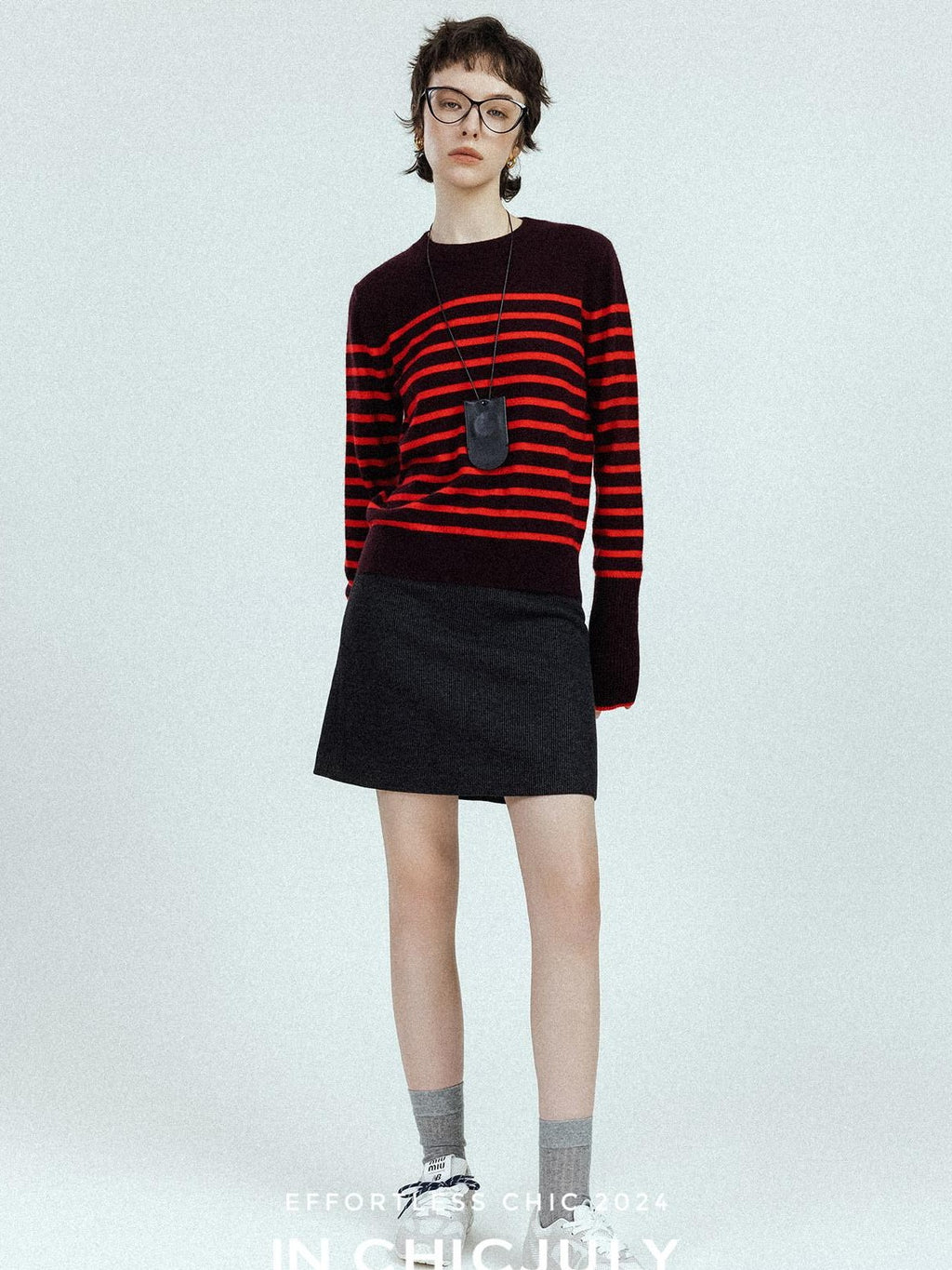 chicjuly Subtle Striped Textured High Waist A Line Women's Wool Acetate Mini Skirts