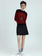 chicjuly Subtle Striped Textured High Waist A Line Women's Wool Acetate Mini Skirts