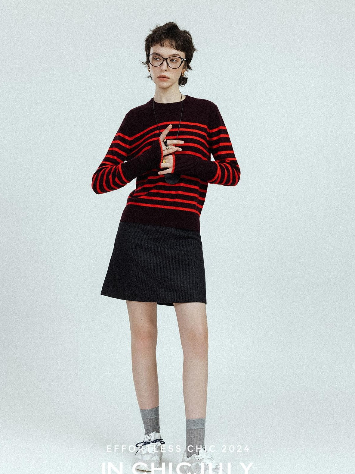 chicjuly Subtle Striped Textured High Waist A Line Women's Wool Acetate Mini Skirts