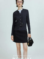chicjuly Subtle Striped Textured High Waist A Line Women's Wool Acetate Mini Skirts